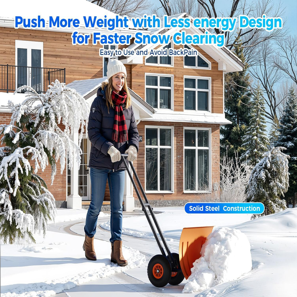 Garvee 29"W X 19"H Snow Pusher Shovel with Wheels - Heavy Duty Steel, 5-Position Adjustable Blade, Ergonomic Handle, Anti-Skid Wheels, Powder-Coated, Orange, for Driveway & Sidewalk
