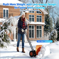 Garvee 29"W X 19"H Snow Pusher Shovel with Wheels - Heavy Duty Steel, 5-Position Adjustable Blade, Ergonomic Handle, Anti-Skid Wheels, Powder-Coated, Orange, for Driveway & Sidewalk