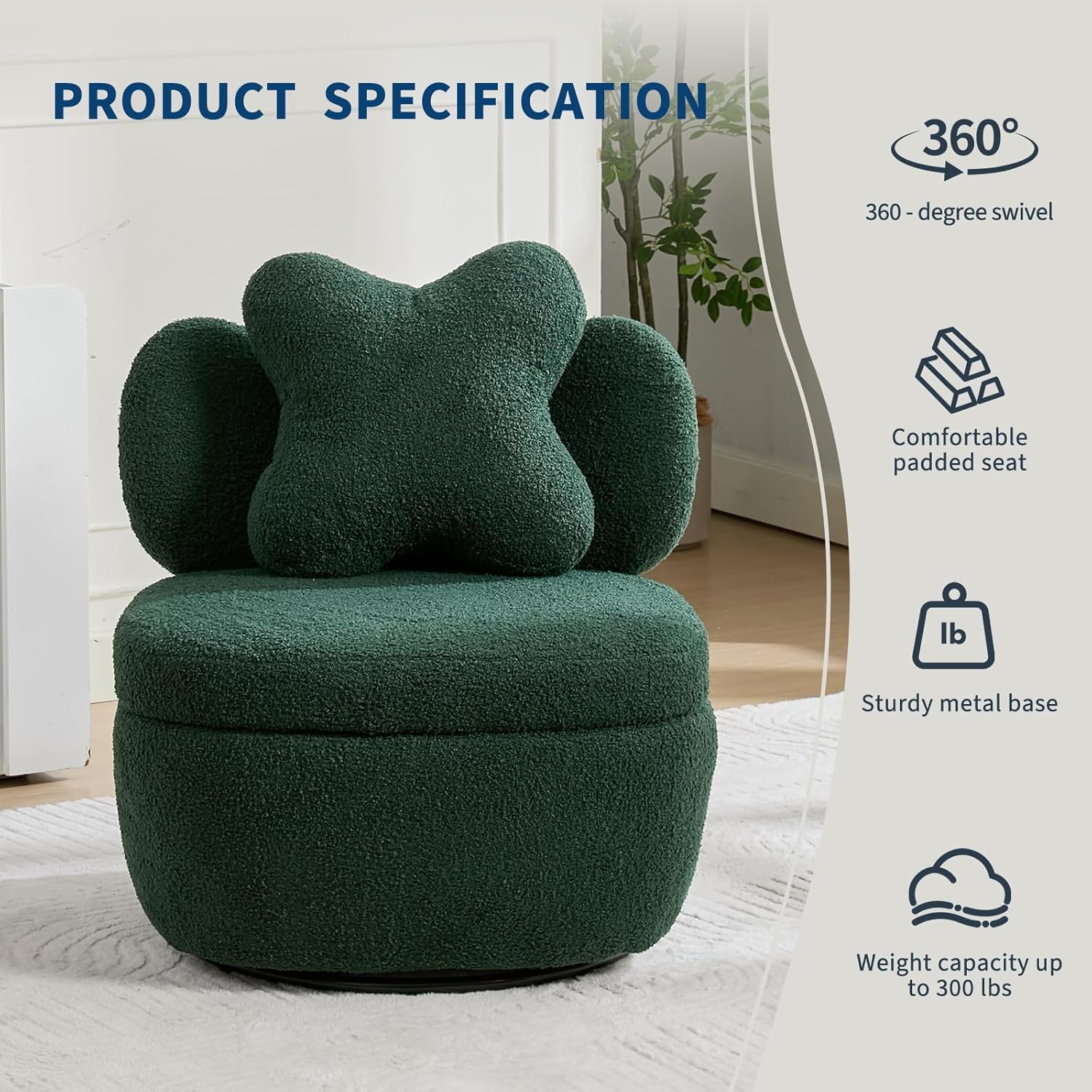 Garvee 360° Swivel Armchair with Storage, Teddy Velvet Accent Chair with Pillow, Ergonomic Design, 300 Lbs Capacity, Easy Assembly, Modern Lounge Chair for Living Room, Bedroom & Office, Green