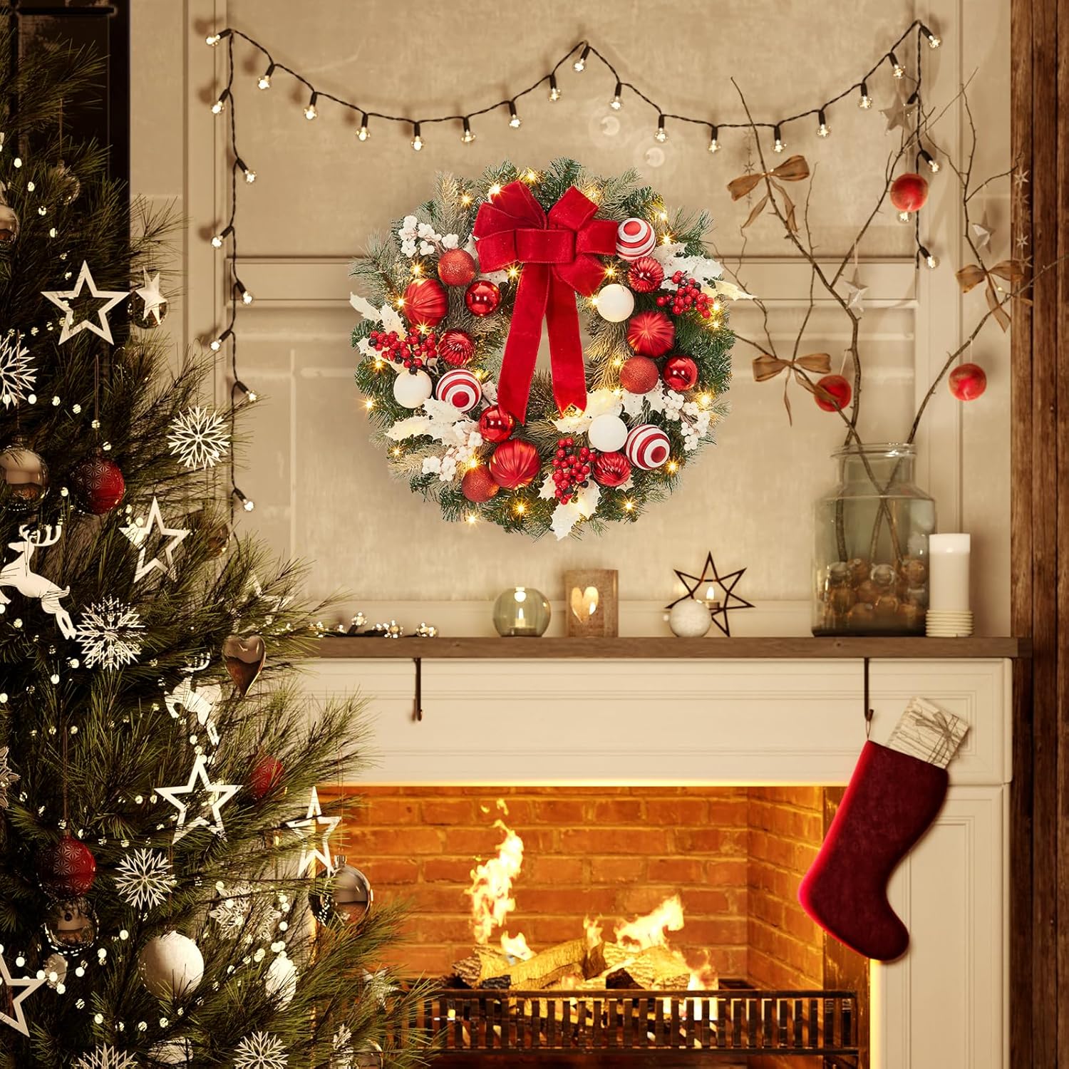 Garvee Pre-Lit Christmas Wreath for Front Door, 24 Inch Large Lighted Wreath with Xmas Balls, Red Bow & Berries, Battery Operated Christmas Wreath for Fireplace Window Wall Xmas Decoration, Red