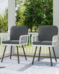 Garvee Patio Dining Chairs Set of 2 With Black Metal Frame & White Hand-Woven Rattan, Porch Armchairs With Cushion for Indoor, Garden, Balcony, Deck, Backyard