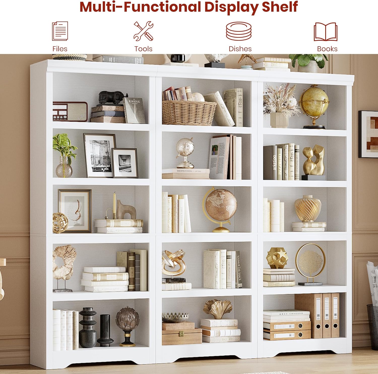Garvee 6 Tier Bookshelf, 75" Tall Farmhouse Bookcase with Adjustable Shelves, 23.6" W Floor Standing Open Display Storage Rack with Anti-Slip Design for Home Office, Balcony, Library, Study / Living Room, White