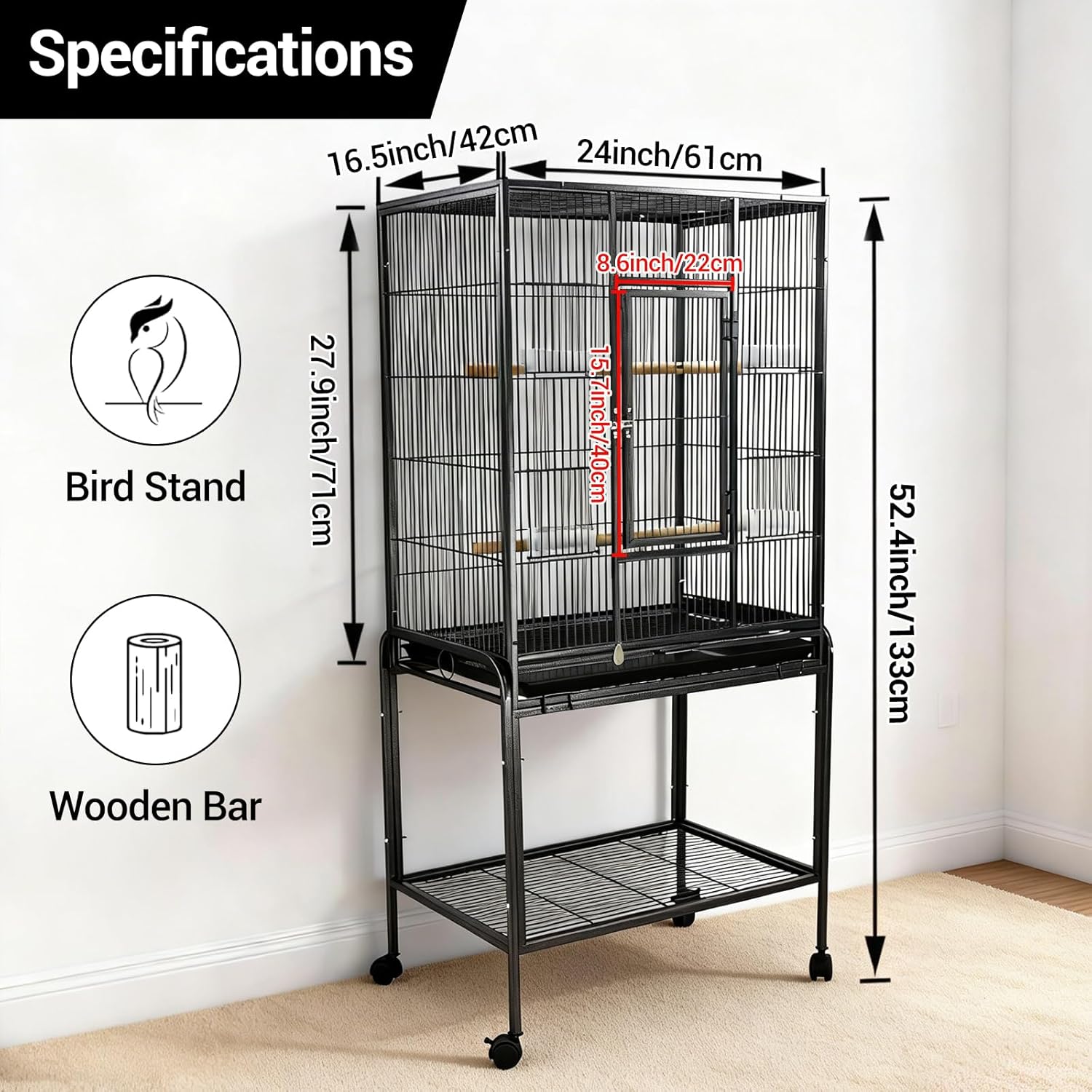 Garvee Bird Cage with Wheels, 53 Inch Bird Flight Cage, Wrought Iron Standing Large Parrot Parakeet Flight Birds Cages with Slide Out Tray Parrot Metal Parakeet Cages with Wooden Perches Black