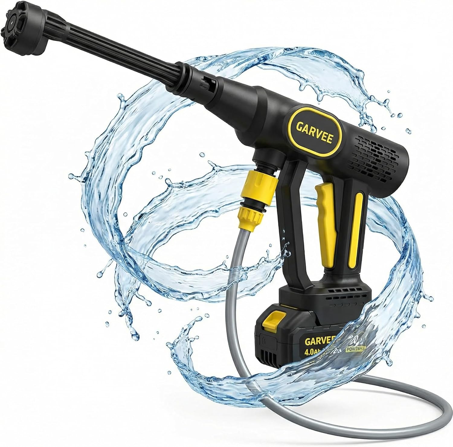 Garvee 20V Cordless Pressure Washer, 320 PSI Portable Power Cleaner with 6-in-1 Nozzle, Foam Cannon & 26ft Hose, 4.0Ah Battery for Car, Patio & Home, Black/Yellow