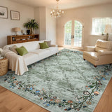 Garvee Floral Grey-Green 10x13 Washable Area Rugs for Living Room: Modern Floral Non Slip Large Area Rugs for Bedroom, Large Machine Washable Living Room Low Pile Carpet with Non-Slip Backing - Gray-Green