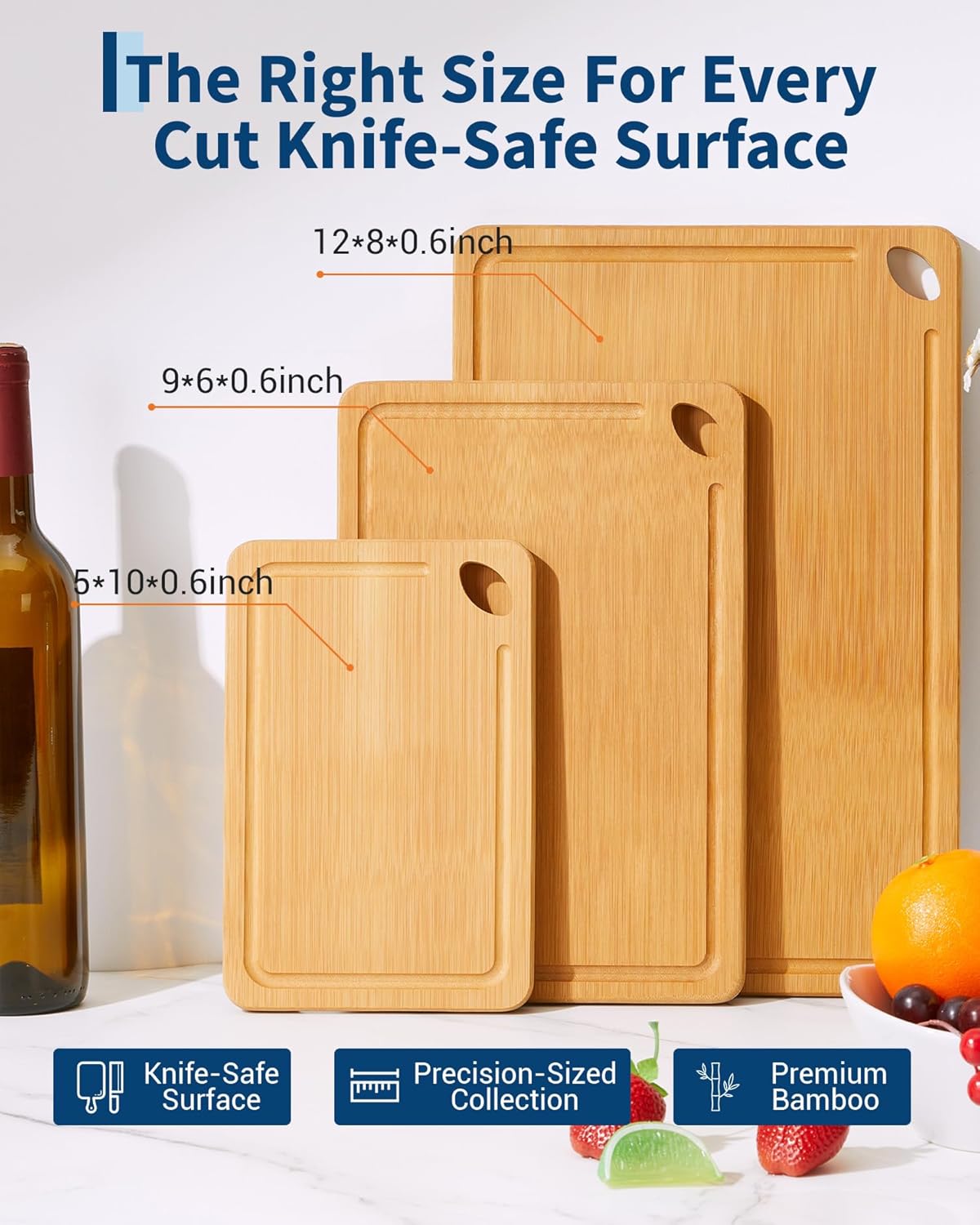 Garvee Bamboo Cutting Board Set of 3 - Heavy Duty, Deep Juice Groove, Carbonized Bamboo, Built-in Handles, Multi-Size, Kitchen Prep & Serving