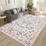 Garvee Floral 9x12 Pink Washable Area Rug for Living Room, Non-Slip Non-Shedding Soft Vintage Rug, Low Pile Farmhouse Floral Carpet, Non-Shedding Indoor Foldable Printed Rug for Bedroom - Pink