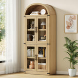 Garvee Arched Bookshelf with Doors, 71.4" Tall Wooden Display Cabinet Rounded Bookcases, Farmhouse Bookcase with 15.8" Depth Display Storage Shelves for Living Room, Kitchen, Office - Natural