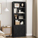 Garvee Farmhouse Bookcase with Doors, 71.4in Tall Bookshelf with 11.8in Depth Display Storage Shelves, Industrial Bookcases Wooden 6 Shelf Bookshelves for Living Room, Home Office, Black - Black