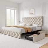Garvee Full Size Bed Frame with 4 Storage Drawers, Faux Leather Upholstered Platform Bed Frame with Adjustable Headboard, Diamond Stitched Button Tufted, No Box Spring Needed, White - White