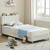 Garvee Twin Bed Frame with Bookcase Headboard, Velvet Upholstered, Heavy Duty Steel Support, Noise-Free, Easy Assembly, White - Off-gray