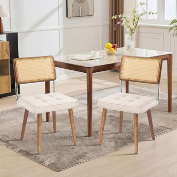 Garvee Set of 2 Rattan Dining Chairs with PU Upholstery, High Cane Back, Solid Wood Legs, Rustic Modern Style for Kitchen & Restaurant, Natural Rattan, Beige