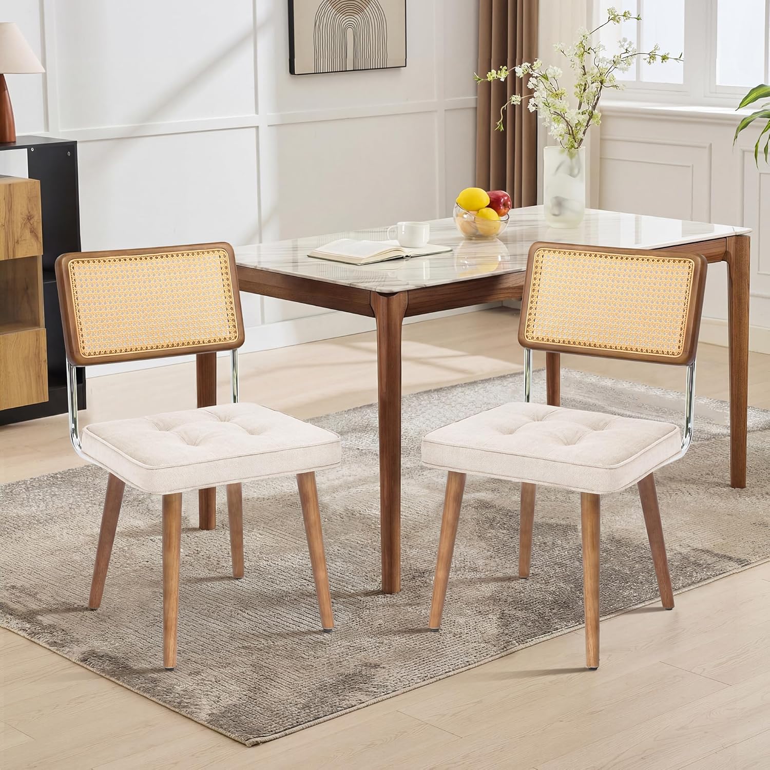Garvee Set of 2 Rattan Dining Chairs with PU Upholstery, High Cane Back, Solid Wood Legs, Rustic Modern Style for Kitchen & Restaurant, Natural Rattan, Beige