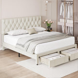 Garvee Upholstered Platform Bed Frame 2 Storage Drawers Solid Wooden Slats Support - Beige - Beige