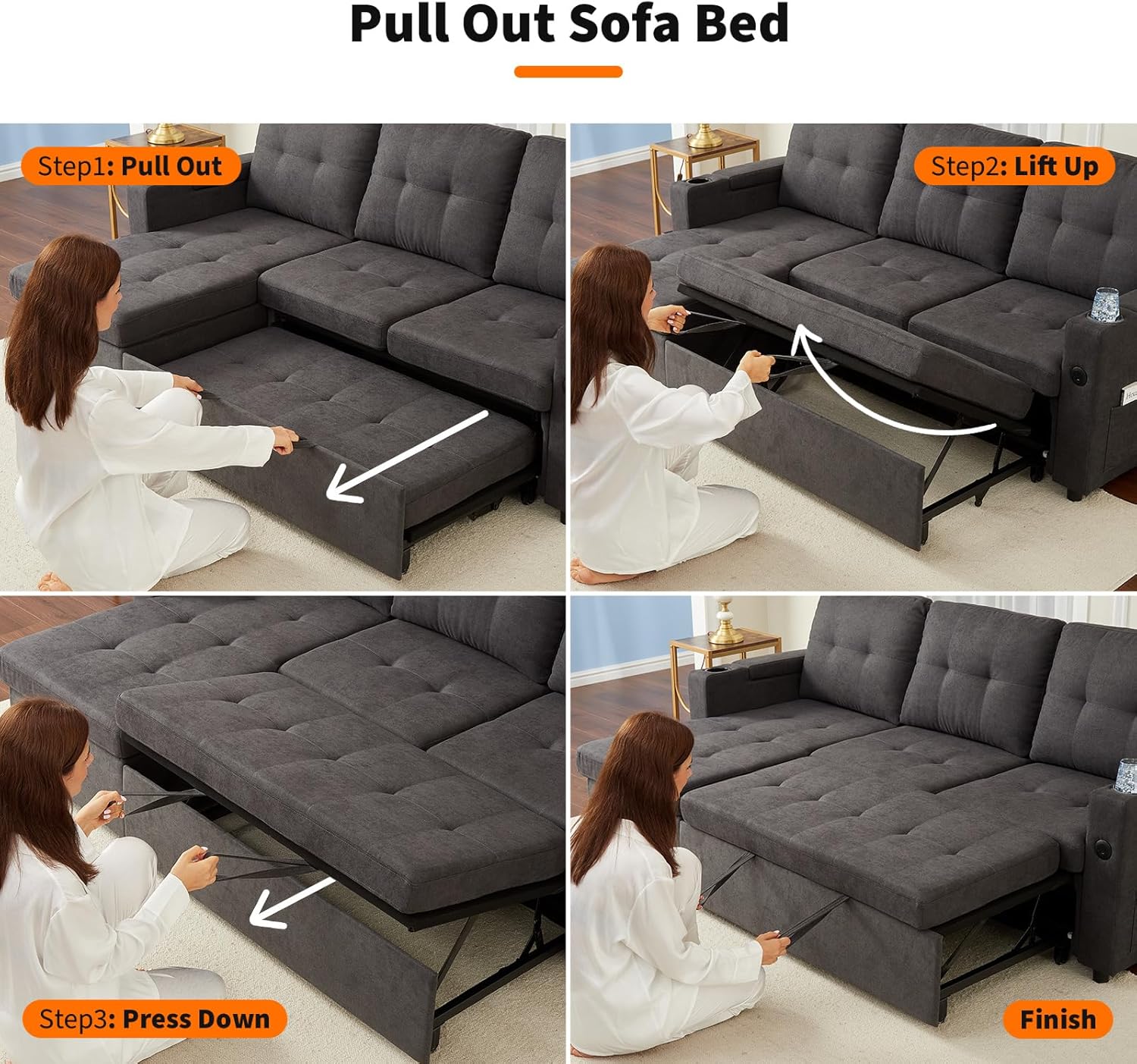 Garvee L-Shaped Sectional Sleeper Sofa with Pull Out Bed,  Reversible Storage Chaise, Hidden Storage Armrests, Cup Holders & USB Charging Ports, Convertible Couches for Living Room, Apartment, Gray