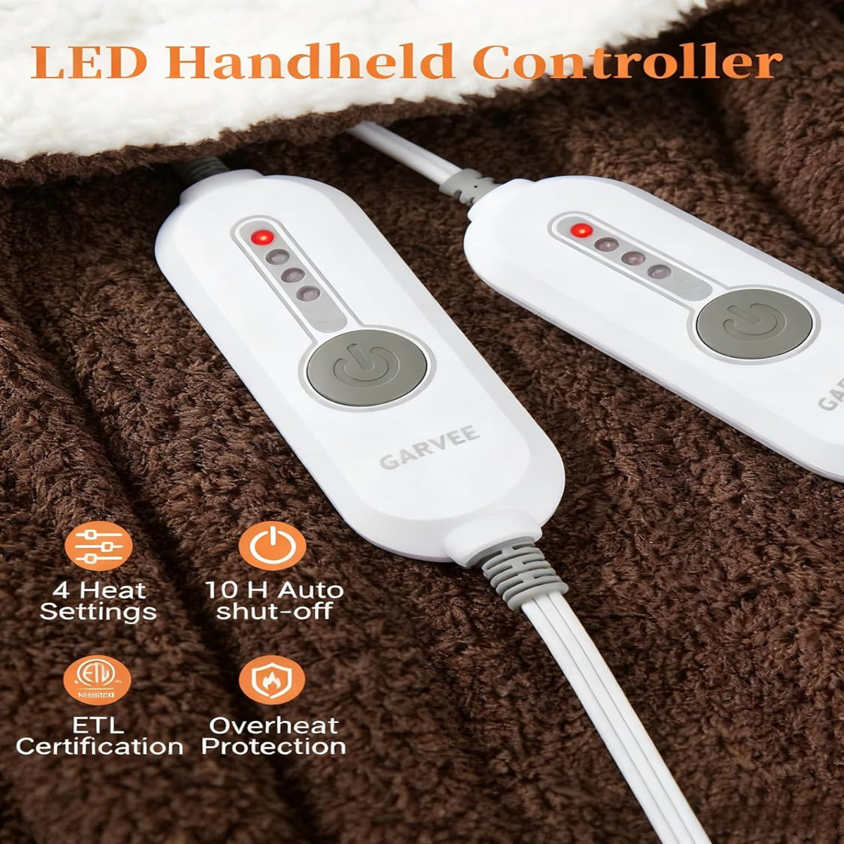 Garvee King Size Electric Blanket, Heated Blanket Dual Control Soft Double Sherpa Cozy with 4 Heating Levels & 10H Auto Off, Over-Heat Protection, Machine Washable, ETL Certification, Brown 90"x100"