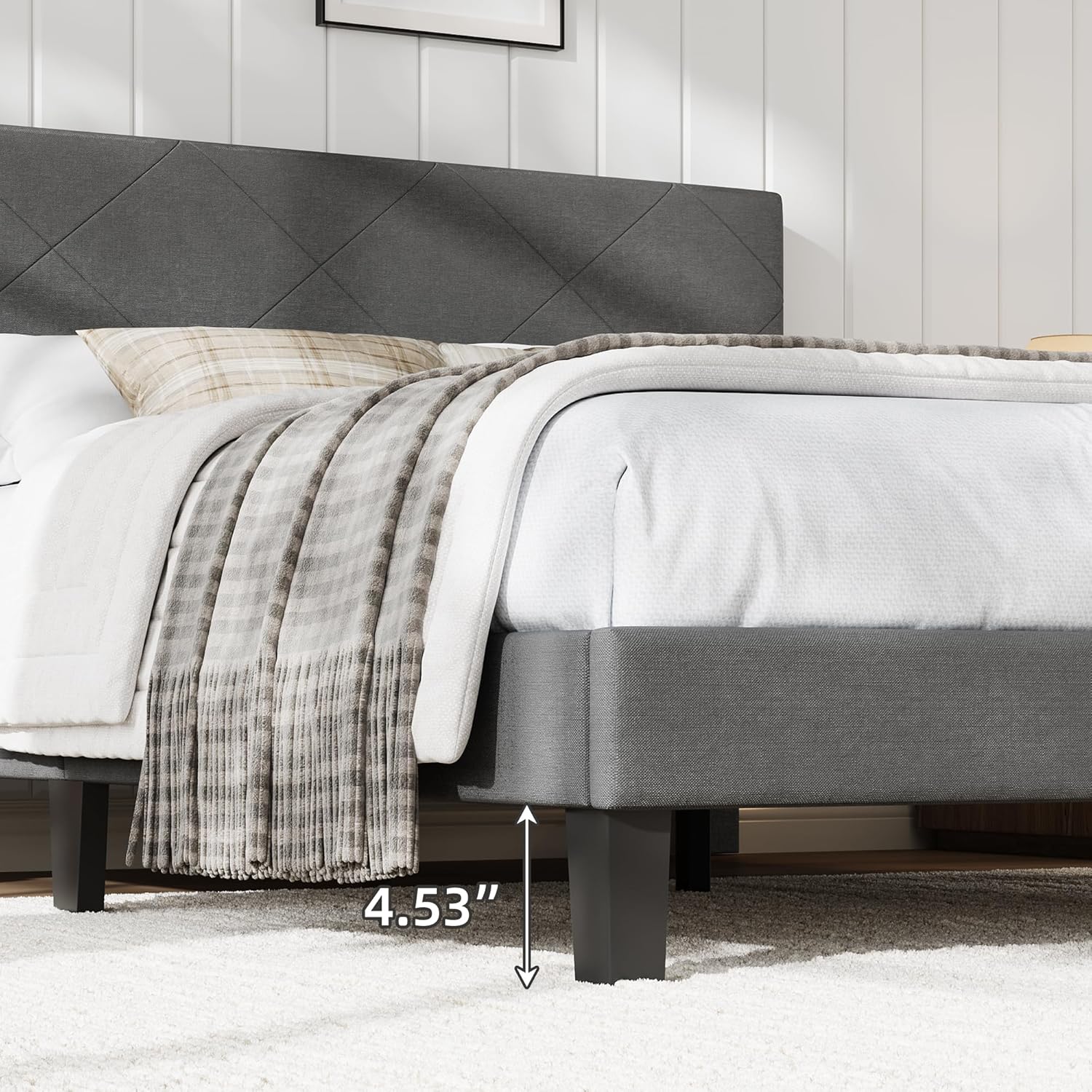 Garvee King Size Bed Frame with Upholstered Headboard, King Size Platform Bed Frame with Wooden Slat Support, Easy Assembly Platform Bed, No Box Spring Needed & Noise Free, Gray