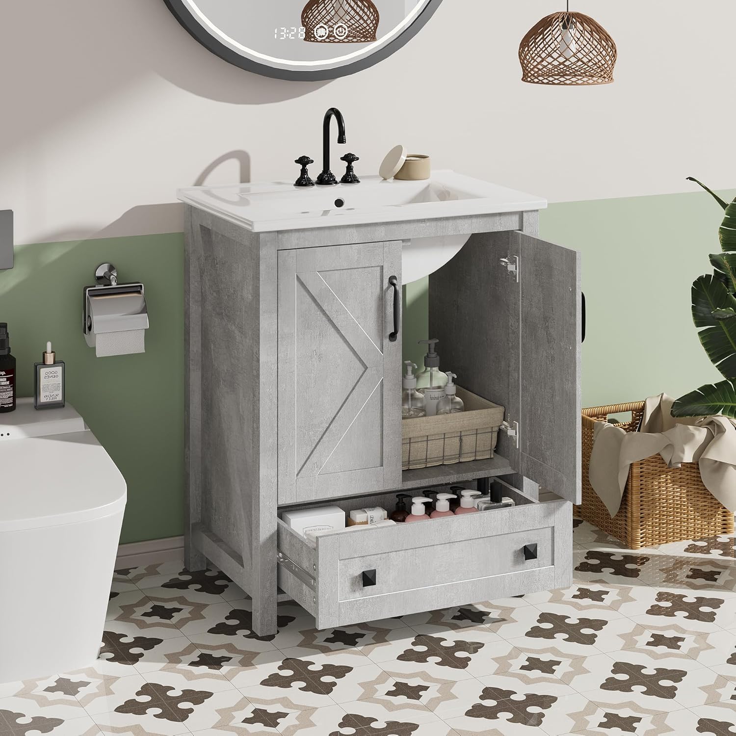 Garvee Modern 30" Freestanding Bathroom Vanity with with 2 Doors and Storage Drawer for Bathroom, Grey