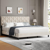 Garvee Full Bed Frame with Headboard, Beige Upholstered Bed Frame Full, Heavy-Duty Full Platform Bed Frame with Strong Wood Slats, Upholstered Mattress Foundation No Box Spring Needed - Beige