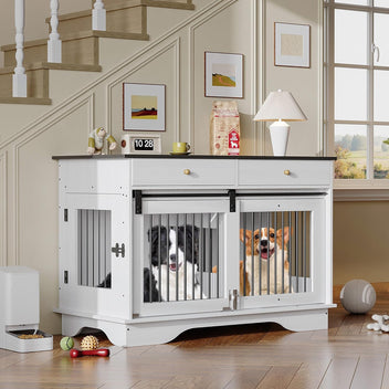 Garvee 2 Pack Spacious Double Dog Crate Furniture, 47" Large Dog Kennel, Removable Divider, 2 Storage Drawers, Chew-Resistant, Triple Door End Table for Large Dogs, White+Brown Table Top