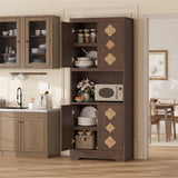 Garvee Kitchen Pantry Cabinet 72" Tall Wooden Storage Cabinet with Carved Door & Crystal Handle for Dining Room Living Room Reddish Brown - Reddish Brown