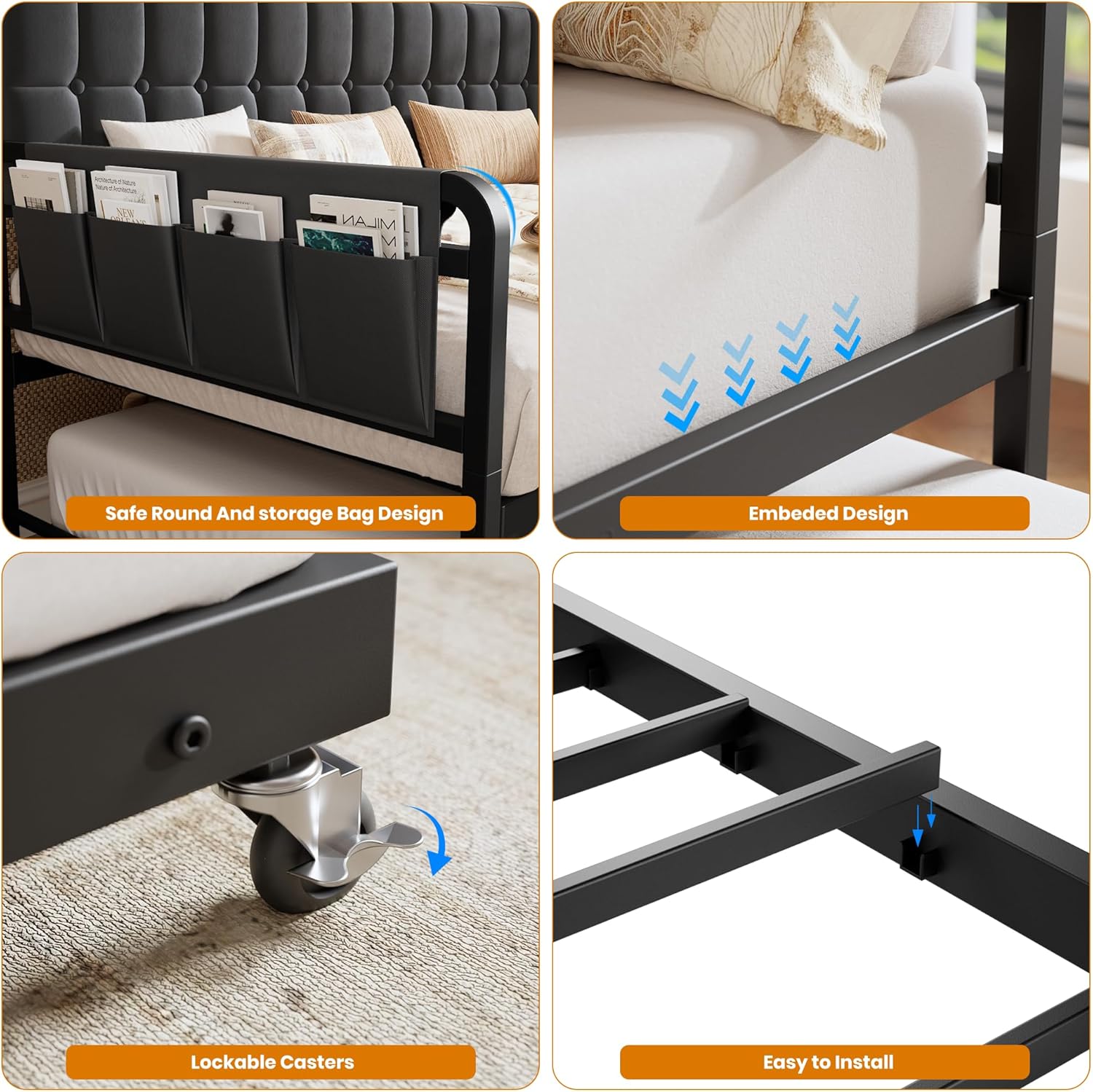 Garvee Daybed with Trundle, Metal Twin Bed Frame with Upholstered Storage Headboard, Charging Station & LED, Sofa Bed with, Side Pockets, Sturdy Supports for Living Room and Bedroom, Black