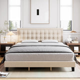 Garvee King Size Linen Upholstered Bed Frame with Adjustable Headboard, Strong Wooden Slats, Non-Slip, Noise-Free, Off White, Easy Assembly - Off White