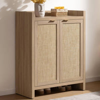 Garvee Boho 32" Rattan Shoe Storage Cabinet with 2 Doors and Adjustable Shelves for Entryway, Hallway, Living Room and Bedroom, Light Oak