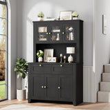 Garvee Pantry Cabinet with Charging Station, Farmhouse Kitchen Storage Cabinet with Adjustable Shelves, Large Hutch, Water Ripple Design, Black - Black
