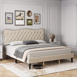 Garvee Full Size Bed Frame Linen Upholstered Platform Bed with Button Tufted and Adjustable Headboard, Heavy Duty Mattress Foundation with Wood Slats in Beige - Beige