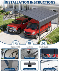 Garvee 20x25FT Heavy Duty Metal Carport,Outdoor Portable Car Garage with Led Light,Removable PE SideReinforced Base & Galvanized Steel Roof, Outdoor Car Port Canopy Shelter for Boats, Full-Sized Pickup Trucks