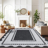Garvee Border Washable Area Rug 8x10 Black Modern Neutral Stain Resistant Non Slip Soft Low Pile Scalloped Carpet for Living Room Bedroom Nursery Dining Room Office Dorm - Black Gray