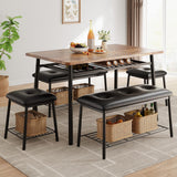 Garvee 5-Piece Dining Table Set, Dinner Table Set with 2 Upholstered Bench and 2 Square Stools, Modern Kitchen Table Set for 4 with Storage Rack, Dining Furniture for Small Space, Brown