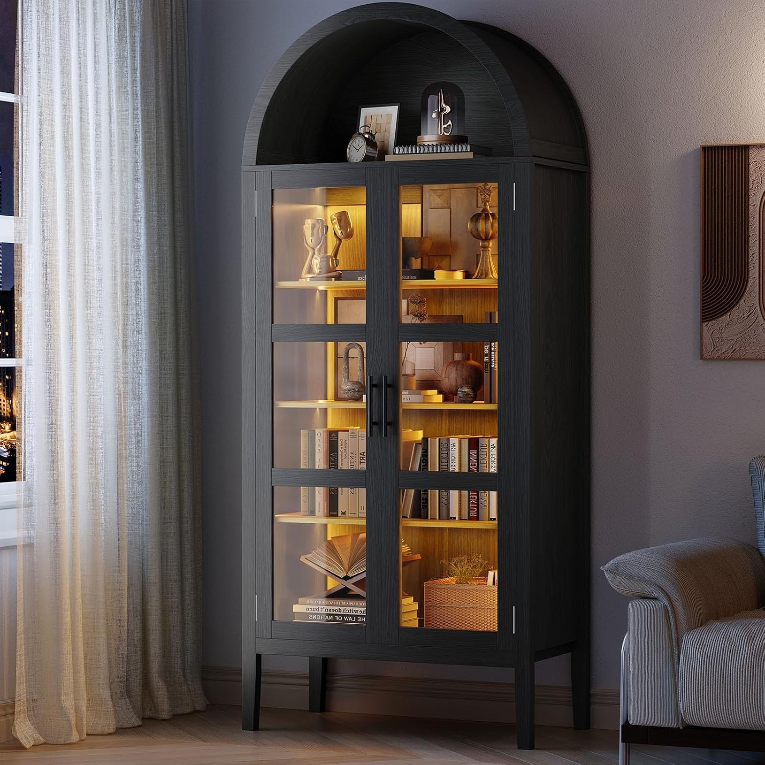 Garvee 71 in Arched Cabinet with Glass Doors, 5-Tier Modern Arched Bookcase with 3-Color LED Lights & Adjustable Shelves, Freestanding Accent Display Cabinet for Living Room, Kitchen, Black
