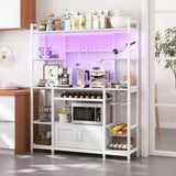 Garvee 55" Bakers Rack with Power Outlet and LED Light, 5-Tier Kitchen Microwave Stand Coffee Bar with Storage, 10 Hooks, Wire Basket, Metal Grid, Wine Rack, Goblet Holder, White - White