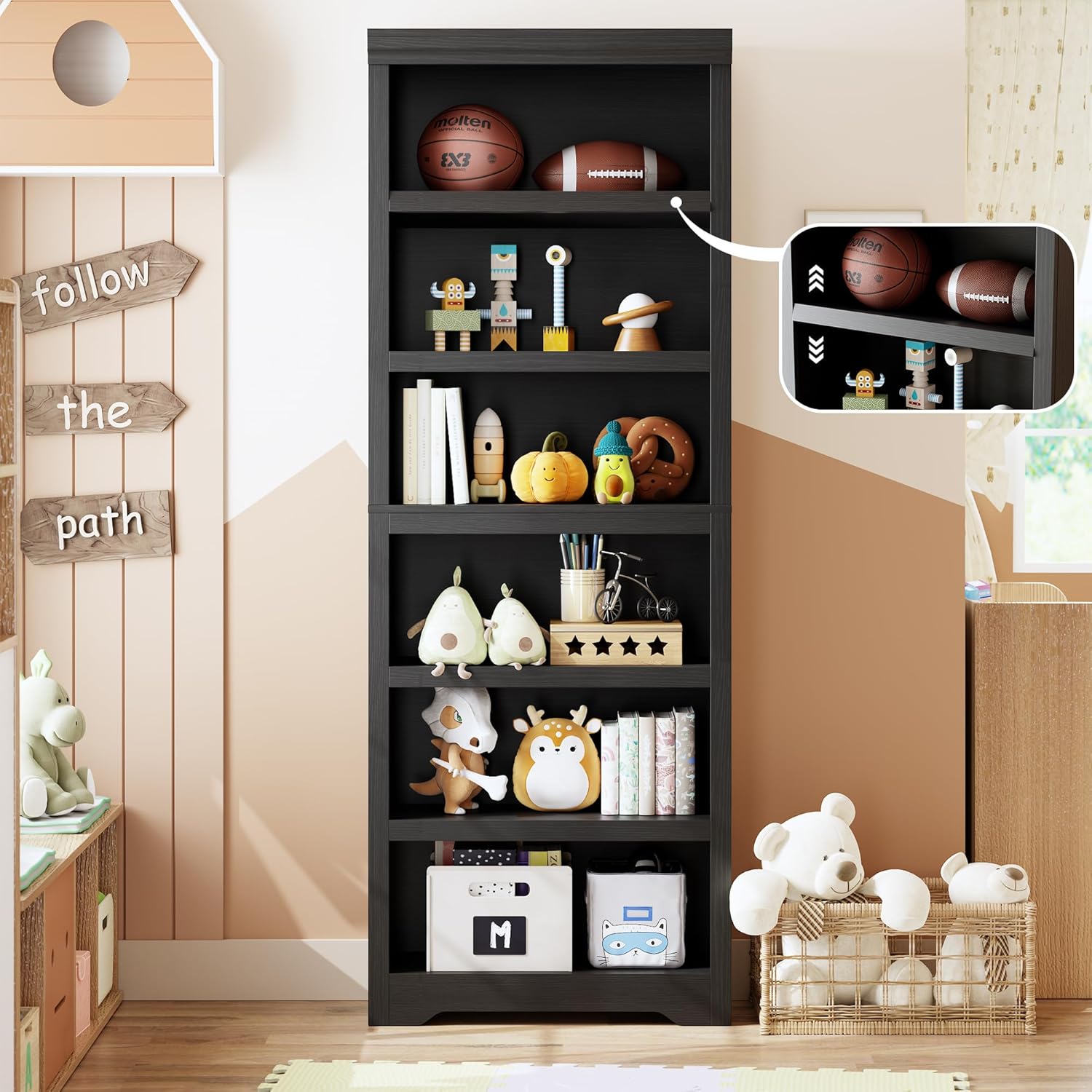 Garvee 6 Tier Bookshelf, 75" Tall Farmhouse Bookcase with Adjustable Shelves, 23.6" W Floor Standing Open Display Storage Rack with Anti-Slip Design for Home Office, Balcony, Library, Study / Living Room, Black