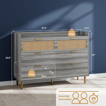 Garvee 6 Drawer Rattan Dresser, Narrow Wicker Chest of Drawer with Railed Edge, Metal Legs, Gold Handles, Farmhouse Wooden Storage Dresser for Bedroom, Living Room