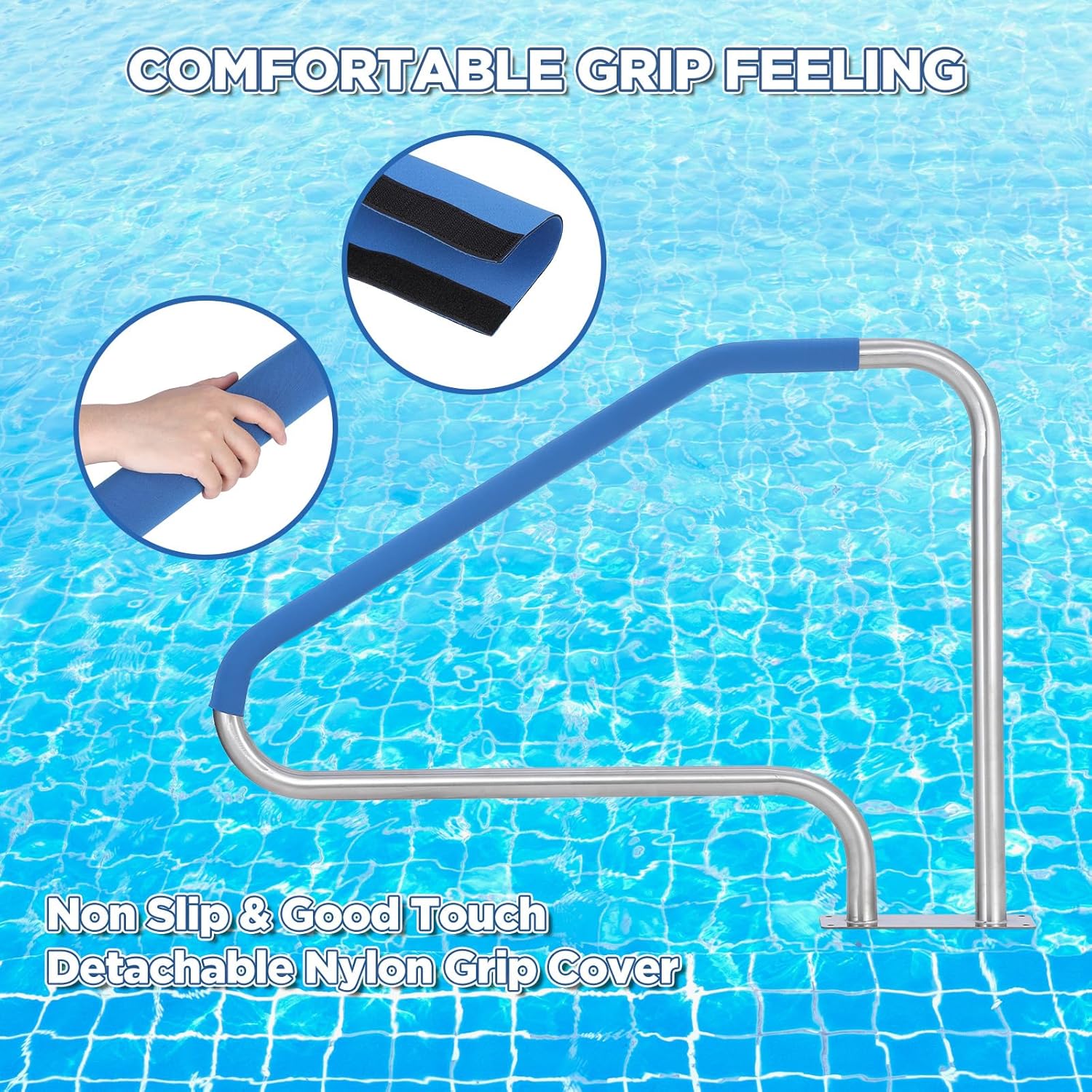 Garvee Pool Handrail 50x36 Pool Rail 304 Stainless Steel Silver Rustproof Pool Stair Rail with Blue Grip Cover Humanized Swimming Pool Railing, Quick Mount Accessories for Pools and Spas