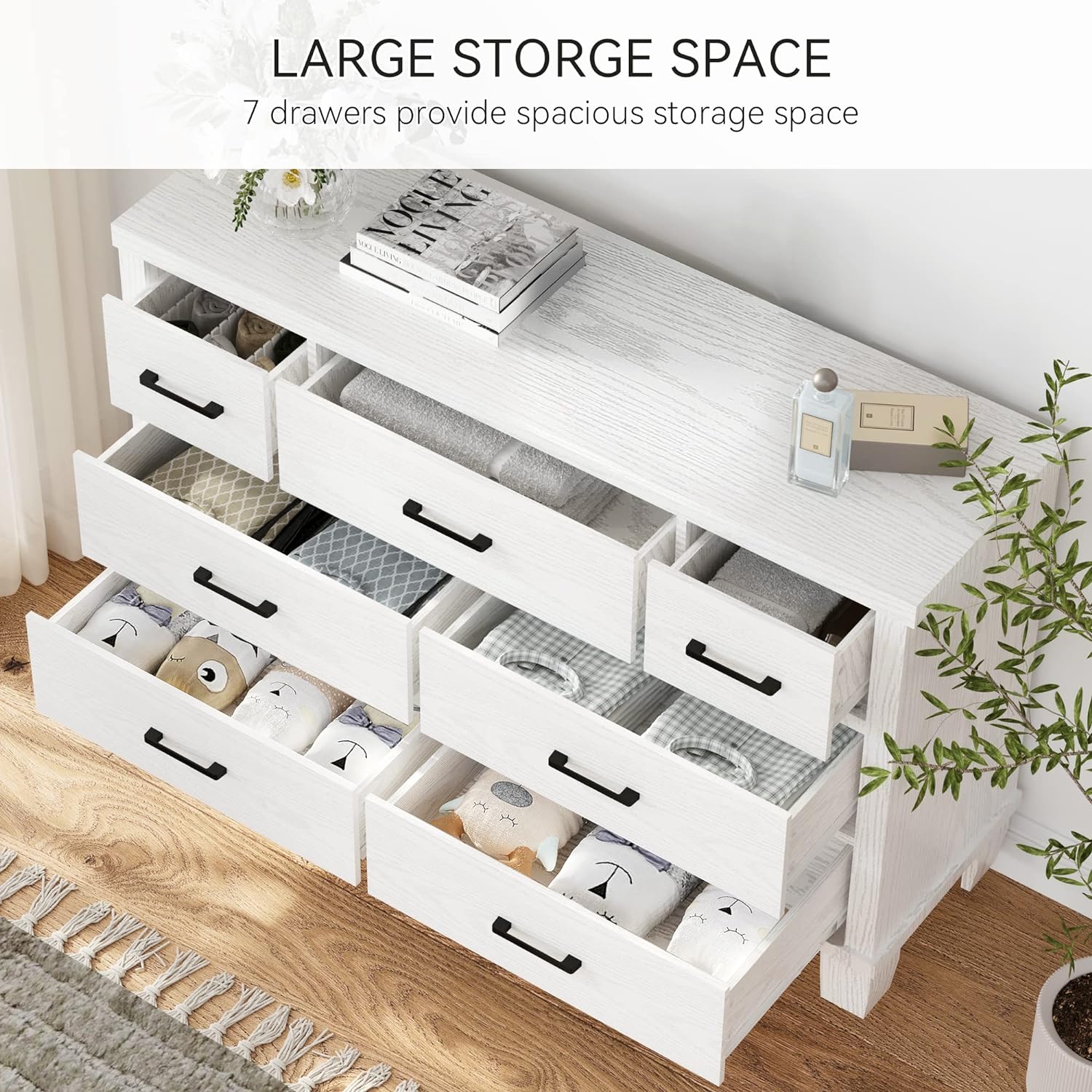 Garvee 7-Drawer White Dresser with Metal Handles + Large Storage Capacity + Wood Construction + Anti-Tip Safety + Modern Design for Bedroom, Closet, Living Room, White