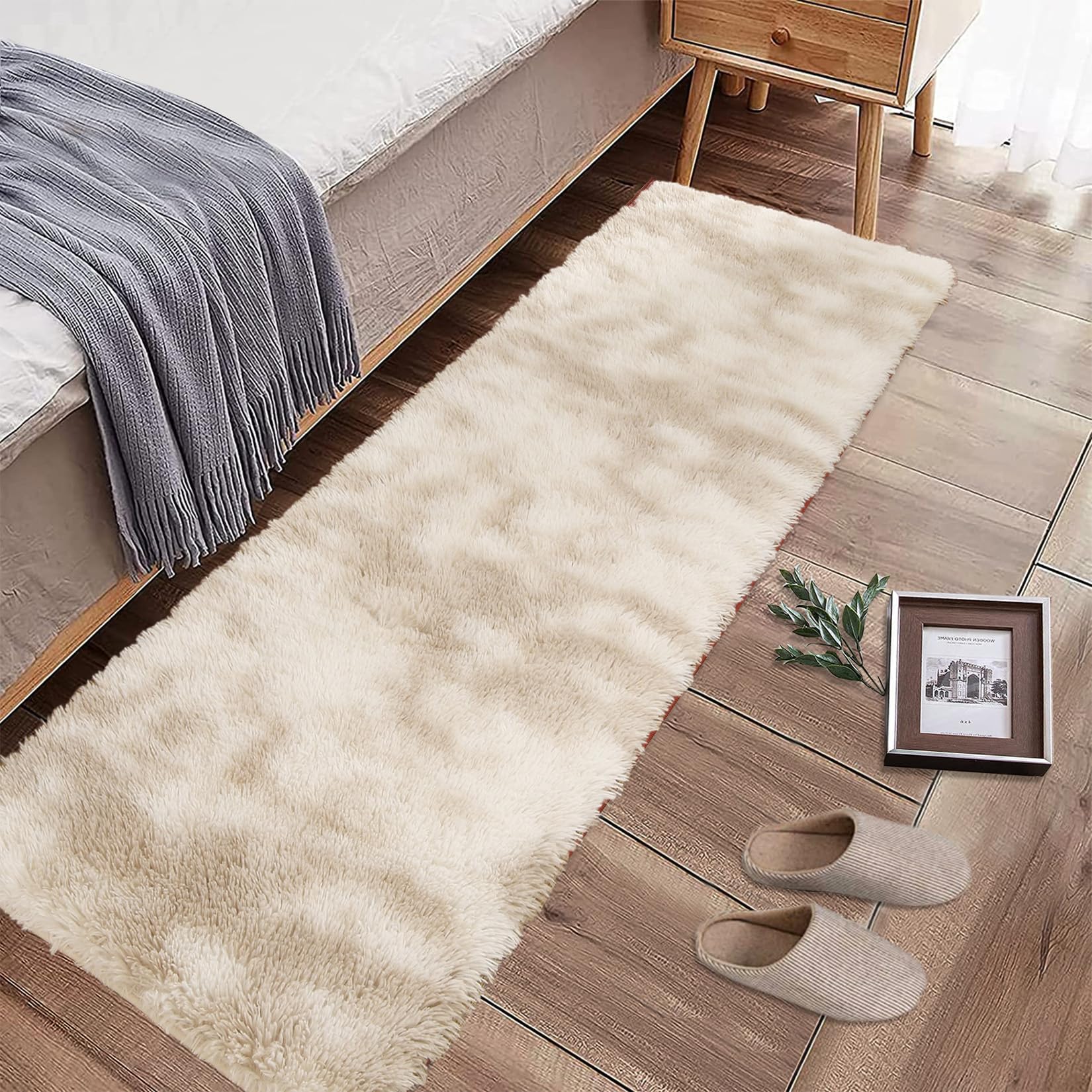 2x6 plush area rug, beige tone, cozy and modern design for kitchens and bedrooms.