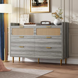 Garvee 6 Drawer Rattan Dresser, Narrow Wicker Chest of Drawer with Railed Edge, Metal Legs, Gold Handles, Farmhouse Wooden Storage Dresser for Bedroom, Living Room - Gray