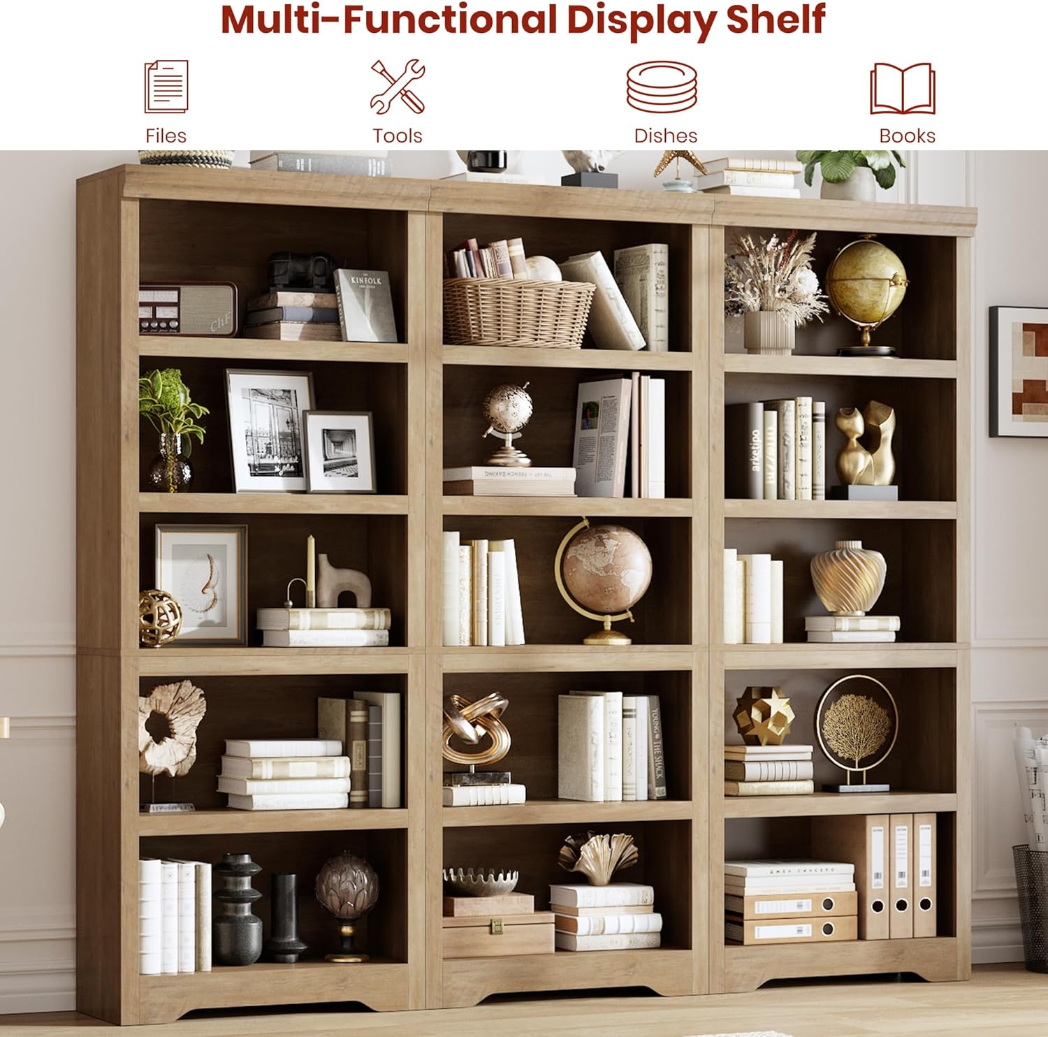 Garvee 5 Tier Bookshelf, 69" Tall Farmhouse Bookcase with Adjustable Shelves, 23.6" W Floor Standing Open Display Storage Rack with Anti-Slip Design for Home Office, Balcony, Library, Study / Living Room, Brown
