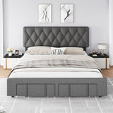 Garvee King Size Bed Frame, Upholstered Platform Bed Frame with Storage Drawers, Mattress Foundation with Solid Wooden Slats Support, No Box Spring Needed, Grey - Grey