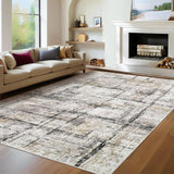 Garvee 10x13 Modern Abstract Living Room Rug, Washable Non Slip Non Shedding Area Rug, Soft Foldable Low Pile Floor Carpet, Distressed Farmhouse Carpet for Bedroom and Office, Brown - Brown