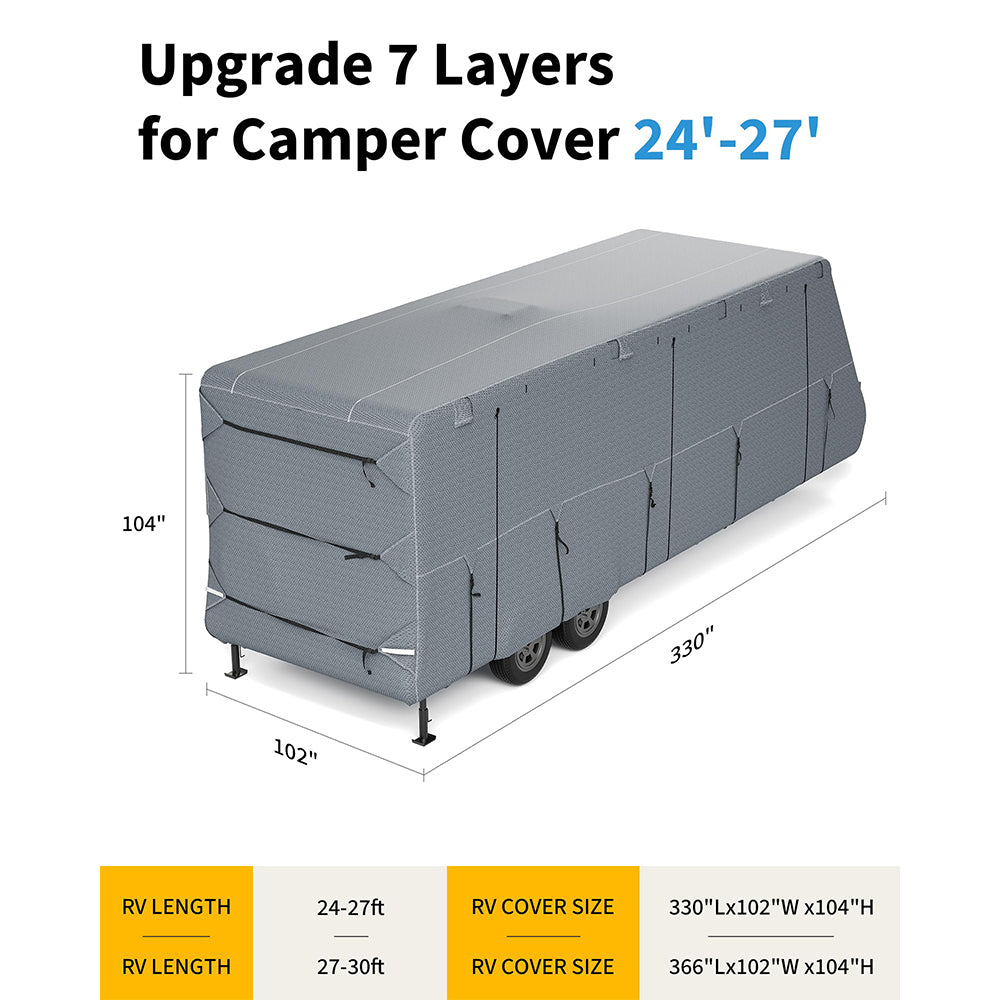 Garvee Travel Trailer RV Cover 7-Layer Heavy-Duty Camper Cover 24'-27' with Windproof Straps & Tire Covers, Waterproof, UV Resistant