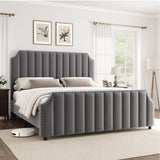 Garvee King Size Platform Bed Frame with 50.2" Headboard, Velvet Upholstered Bed Frame King with Vertical Channel Tufted Headboard & Footboard, Nailhead Trim, No Box Spring Needed, Grey - Grey