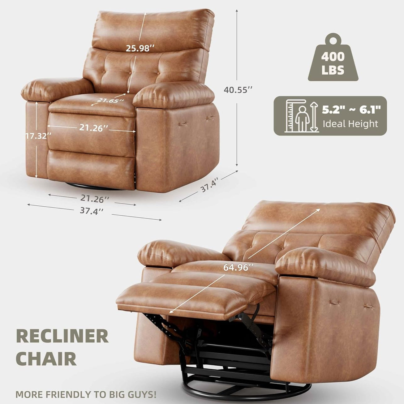 Garvee Power Recliner Chair with Heat and Massage – Electric Swivel Rocker Recliner, USB Port, Ergonomic Tall Back PU Leather Sofa, Oversized Padded Seat for Living Room, Adults or Elderly – Brown