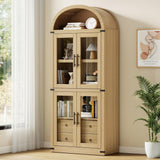 Garvee Arched Pantry Cabinet with Doors 71.4in Tall Wood Bookcase with 2 Drawers Farmhouse Kitchen Cupboard Modern Display Storage Cabinet for Kitchen, Dining Room, Bathroom - Natural Wood