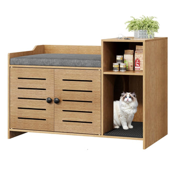 Garvee Cat Litter Box Enclosure, Hidden Litter Box Furniture with Litter Mat & Storage Shelf, Farmhouse Indoor Cat House Cabinet for Hallway, Bedroom, Oak