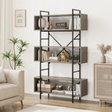 Garvee 6 Tier Industrial Bookshelf + Open Display + MDF & Metal Frame + X-Shaped Back Bars + Anti-Tipping Device + Adjustable Feet + Living Room, Bedroom, Office - grey